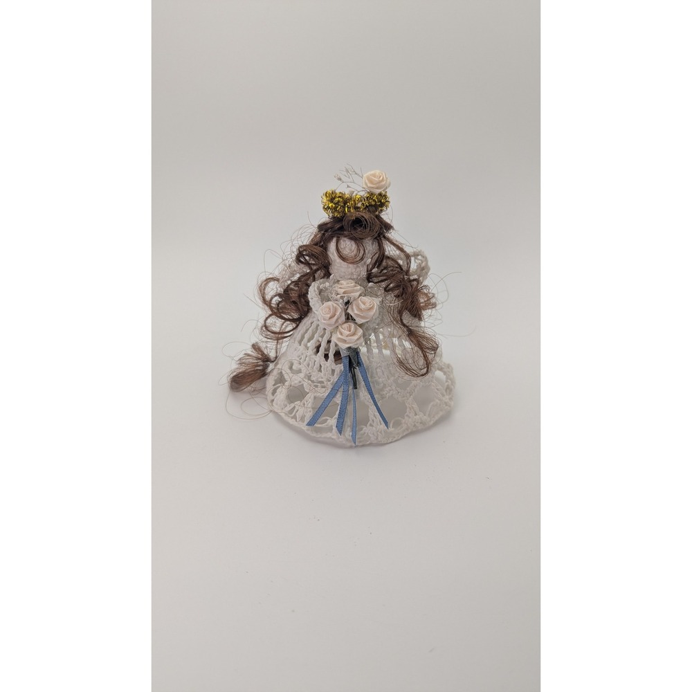 Vtg Handmade Crochet Angel Tree Topper White Lace Ribbon‎ Roses Gold Halo 4.5"
